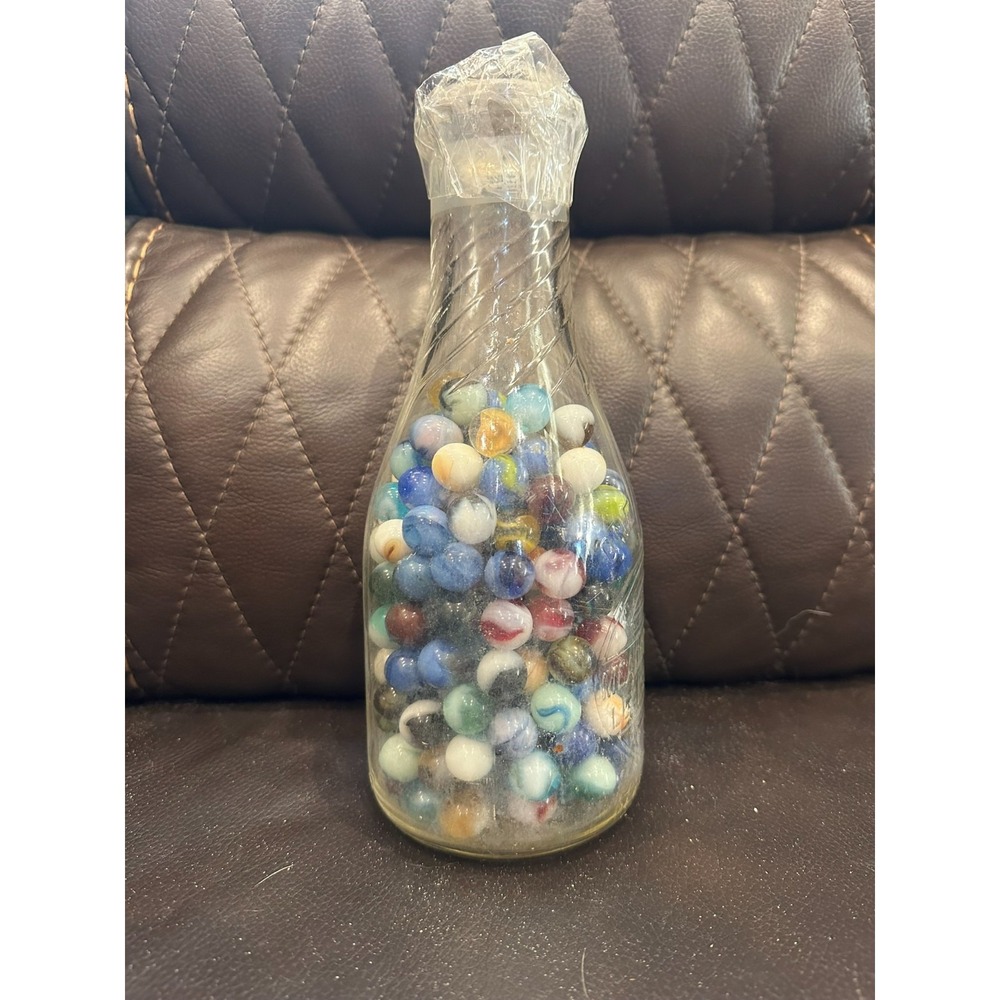Glass Marbles Bulk Collection in Decorative Glass Milk Bottle Jar USA Made